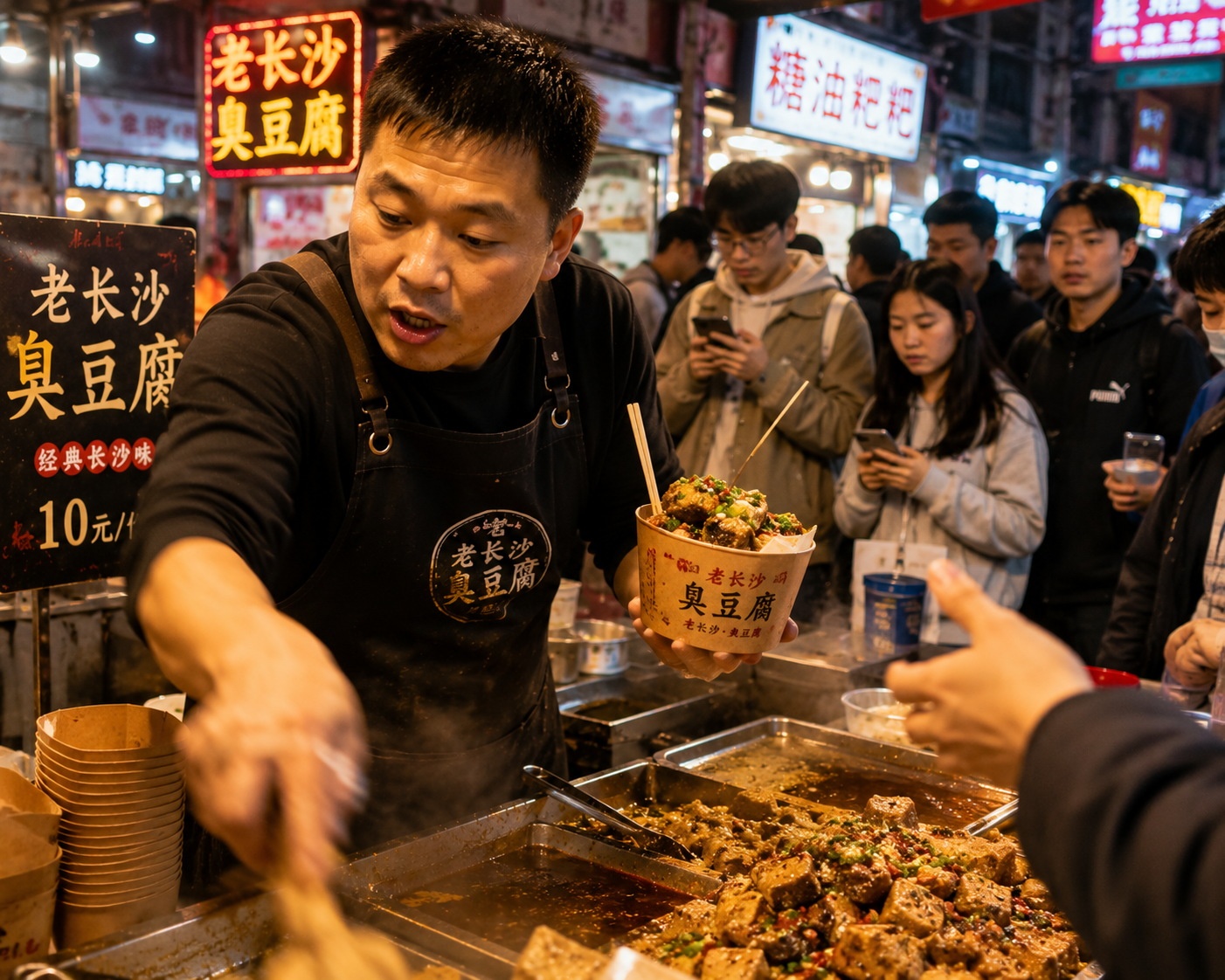 A street vendor efficiently serving stinky tofu to a queue of customers in a crowded night market.