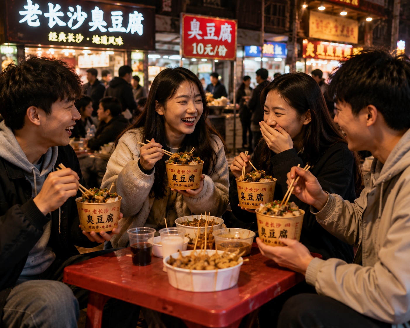 Young people enjoying stinky tofu and socializing at a lively Chinese night market.
