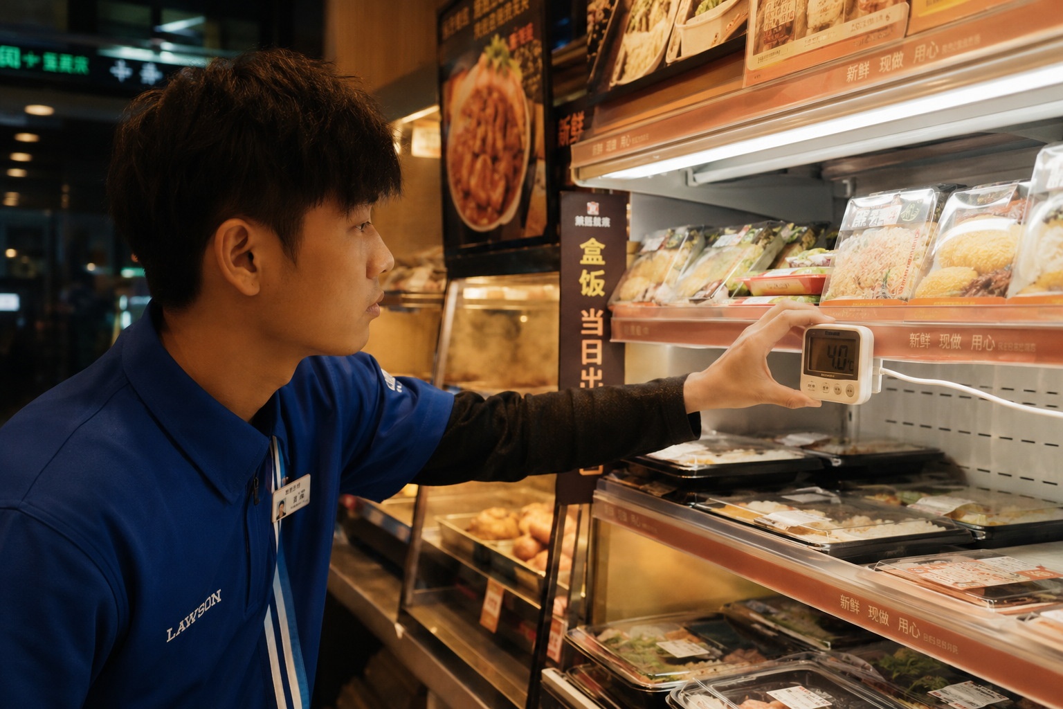 A convenience store manager in Shanghai checking food temperature inside a lit store at night, surrounded by shelves of bento boxes.