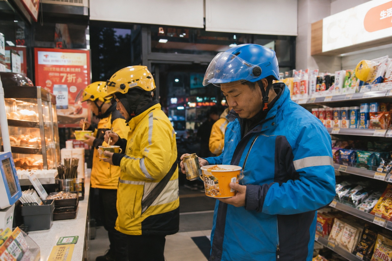 Delivery riders buying instant noodles and energy drinks at a convenience store counter in China.