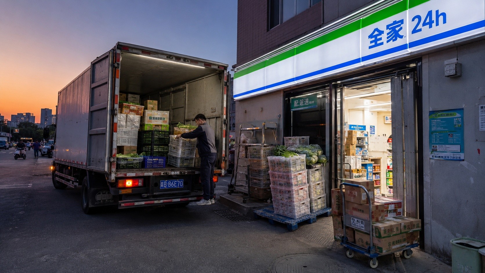 Restocking a convenience store in the early morning with fresh goods delivered by truck.