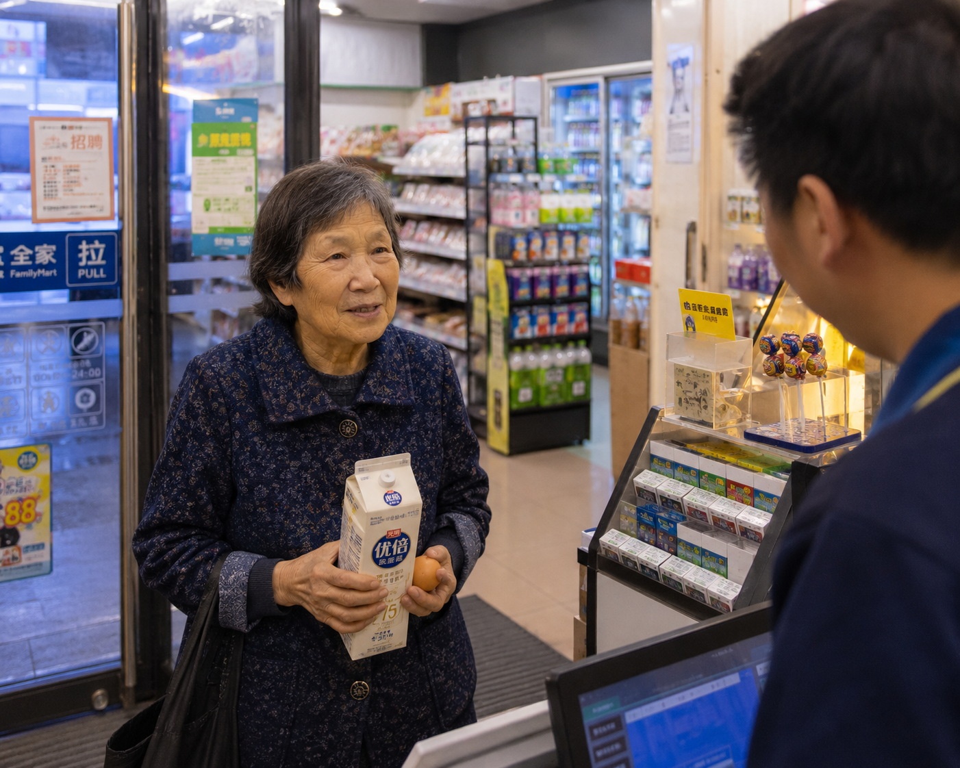 An elderly customer buying breakfast items at a Chinese convenience store in the early morning.