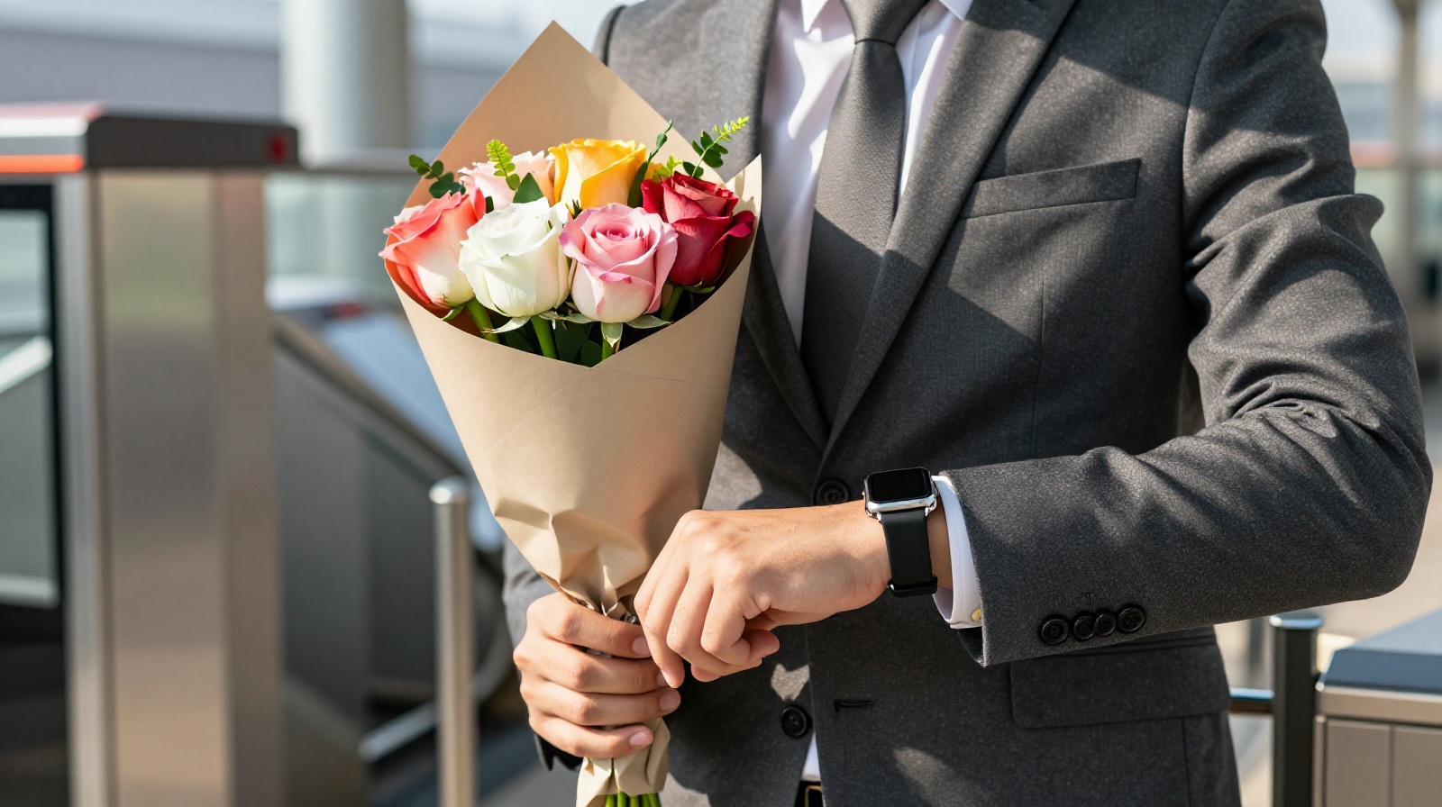 A young office worker in Beijing buying a bouquet of roses at a subway station exit during morning rush hour.
