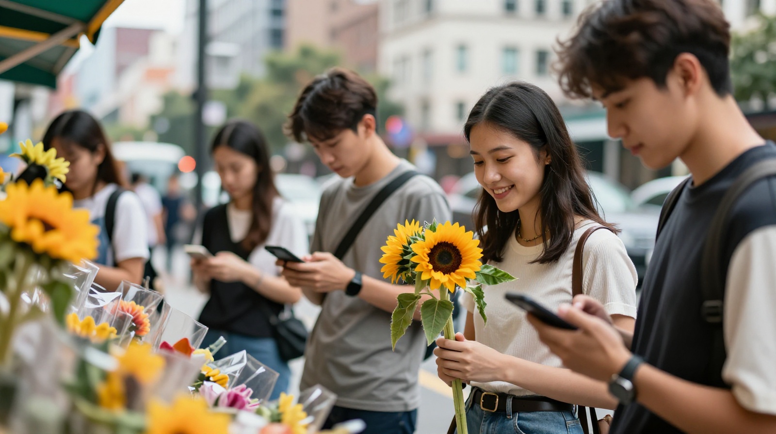 Young professionals buying fresh flowers from a street vendor in a Chinese city neighborhood.