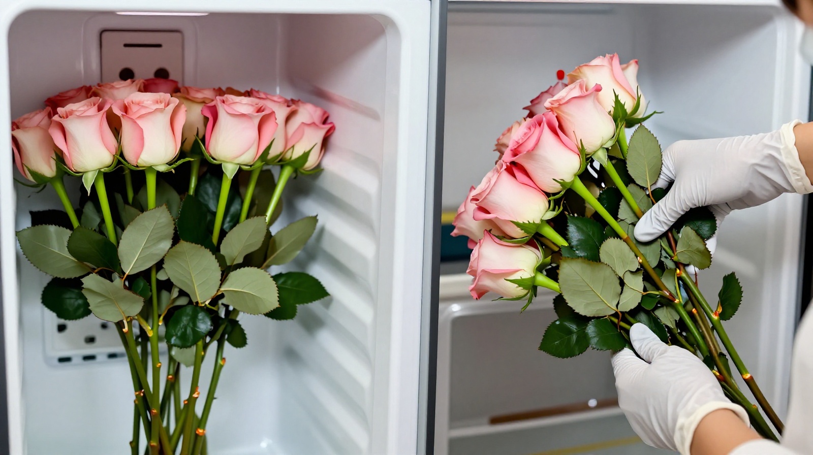 Fresh roses being prepared in a cold-chain logistics facility for transport from Yunnan to Beijing.