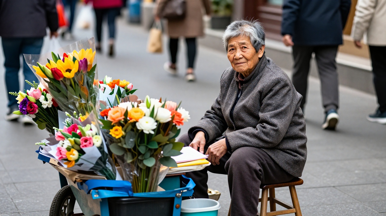 An elderly Chinese woman selling flowers from a cart on a busy city street corner.