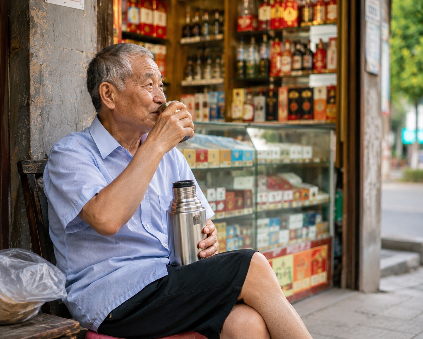 An elderly Chinese man sitting outside his neighborhood tobacco shop, drinking tea from a thermos and observing the street.