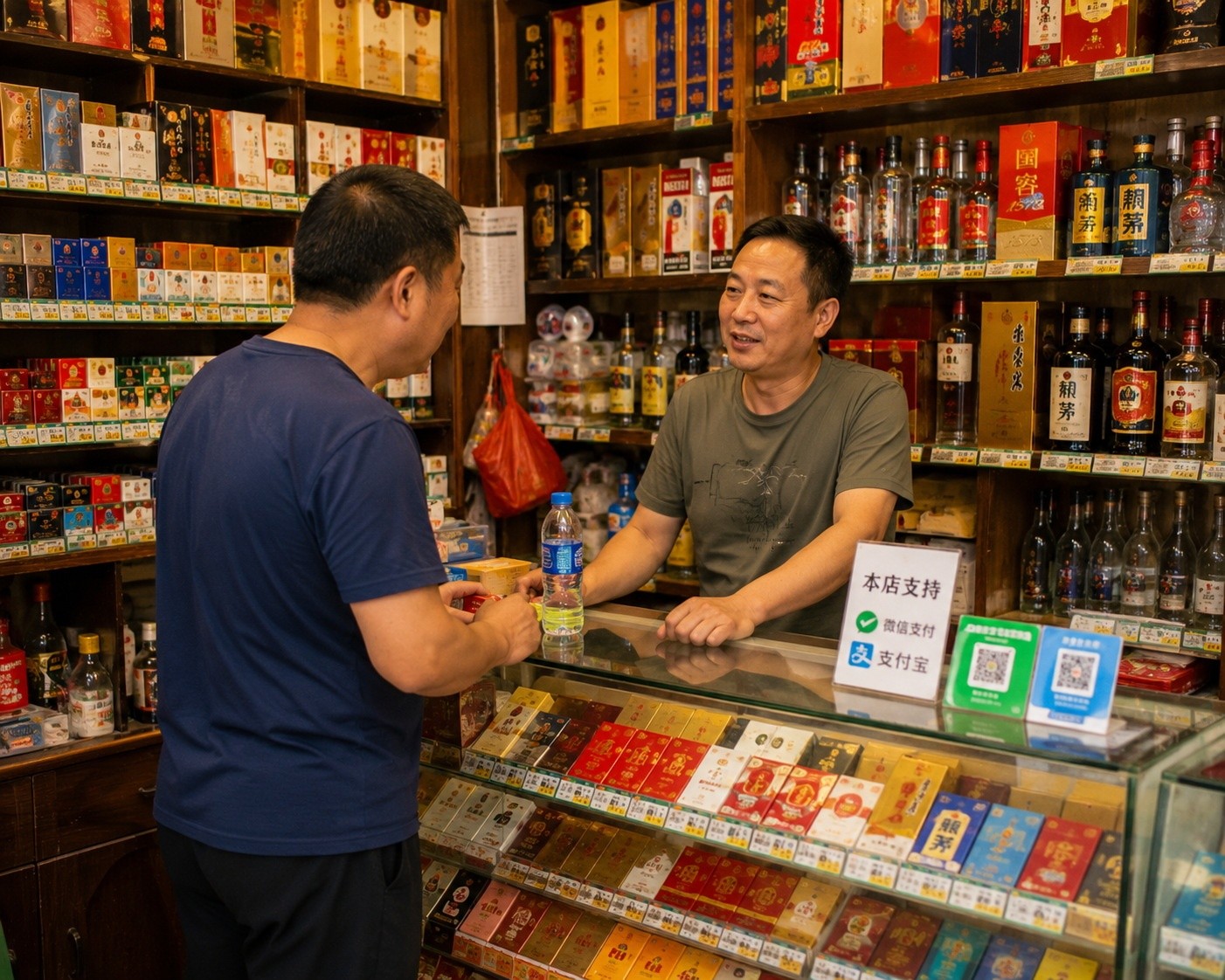 Customers interacting with the shopkeeper inside a small Chinese neighborhood tobacco and liquor store.