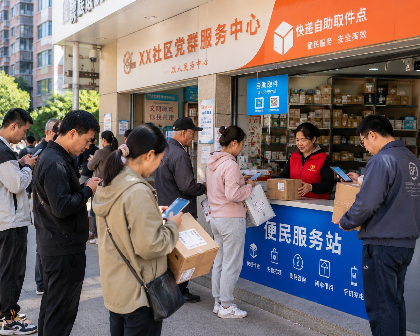 Residents picking up express delivery packages from a local neighborhood shop counter.