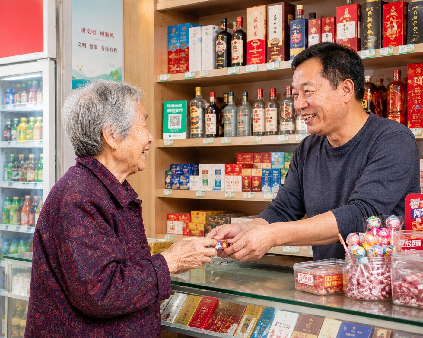 An elderly resident chatting warmly with the shopkeeper, illustrating the close-knit nature of Chinese neighborhood relationships.