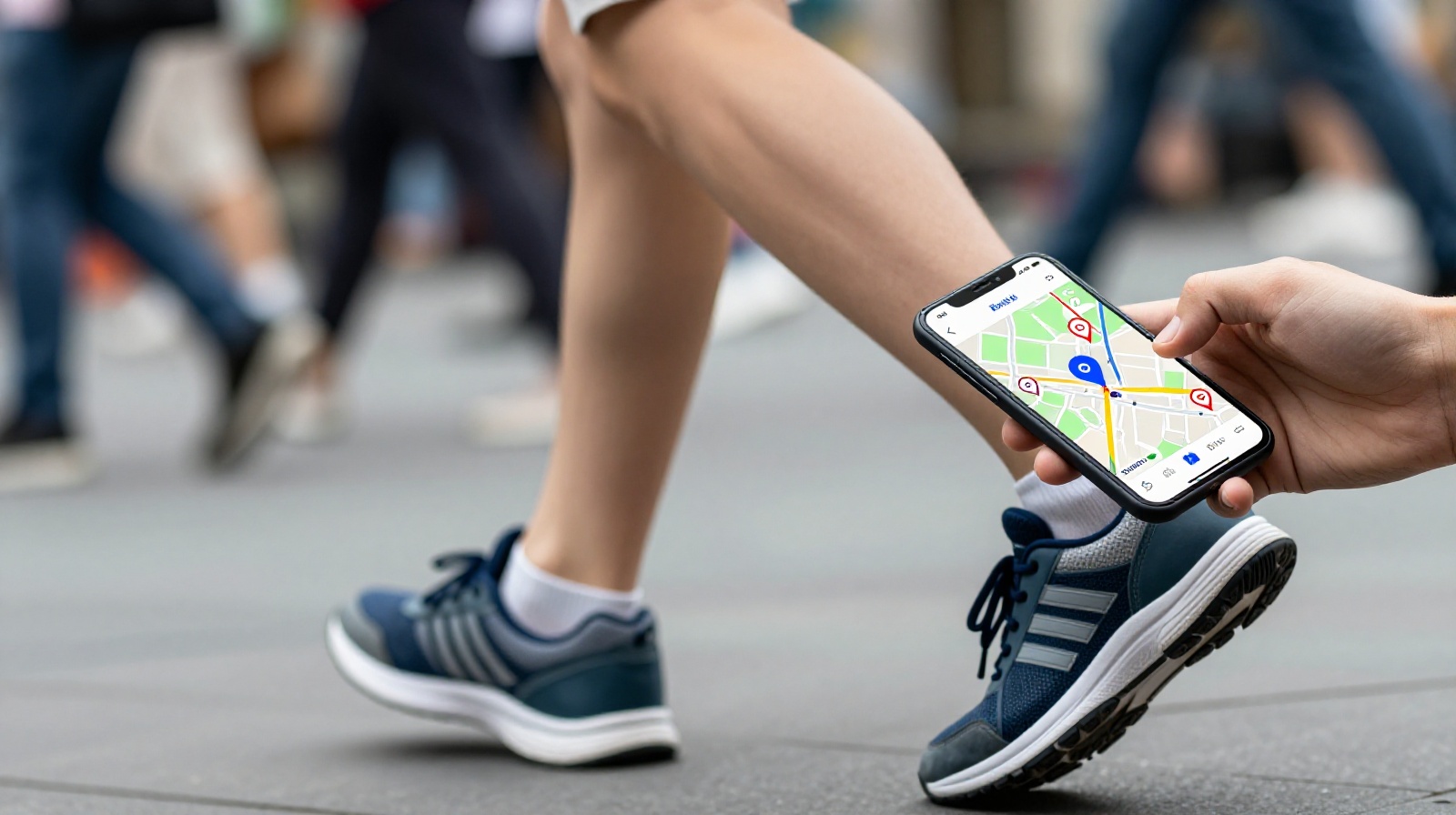 Close-up of sneakers walking fast on a city street, with a smartphone displaying a travel map app