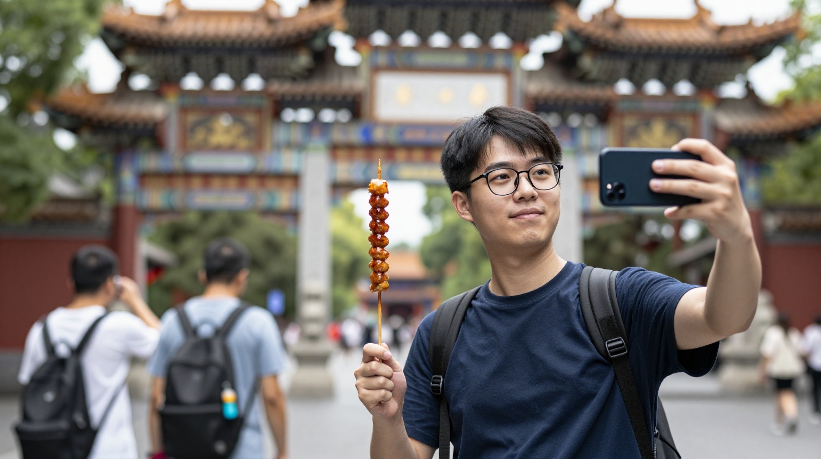 Young traveler taking a quick photo of a historic temple gate with a smartphone, surrounded by other tourists