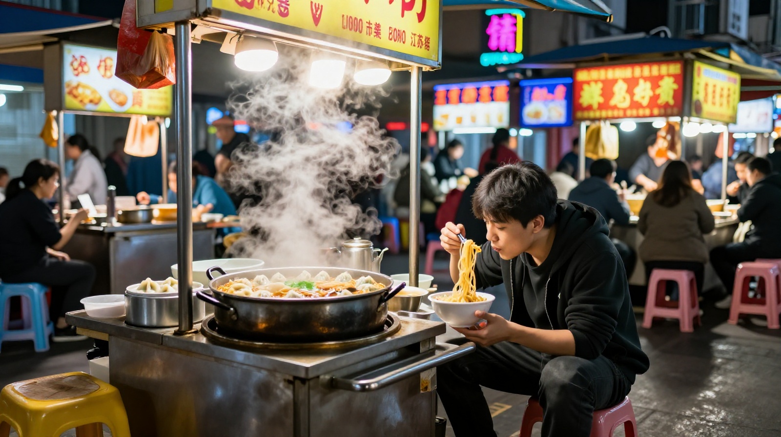 Young person eating street food at a busy night market stall in China