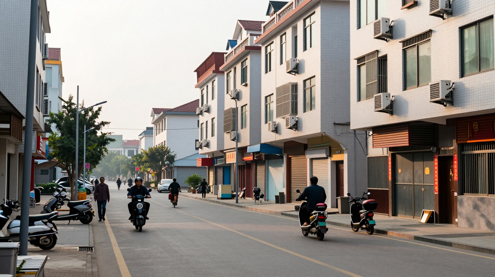 A quiet morning street in a small Chinese county, representing the 'reverse tourism' destination.