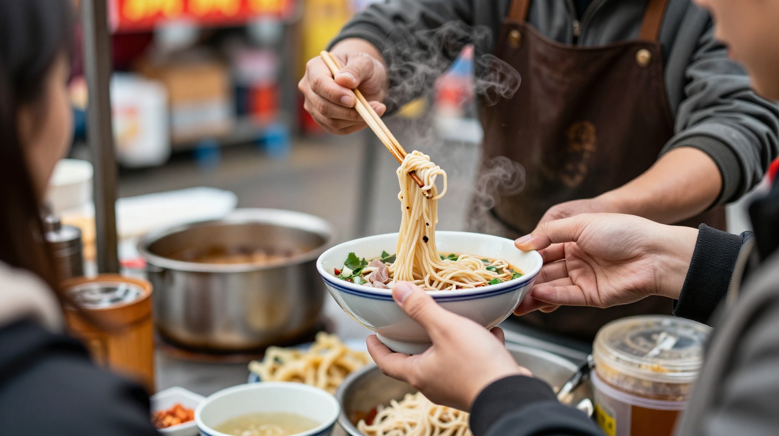 Local street food vendor serving breakfast in a small Chinese town, highlighting affordable local cuisine.