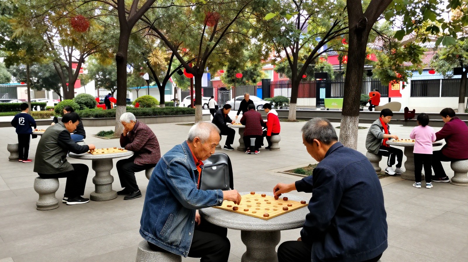 Local residents enjoying leisure time in a public park in a small Chinese county.