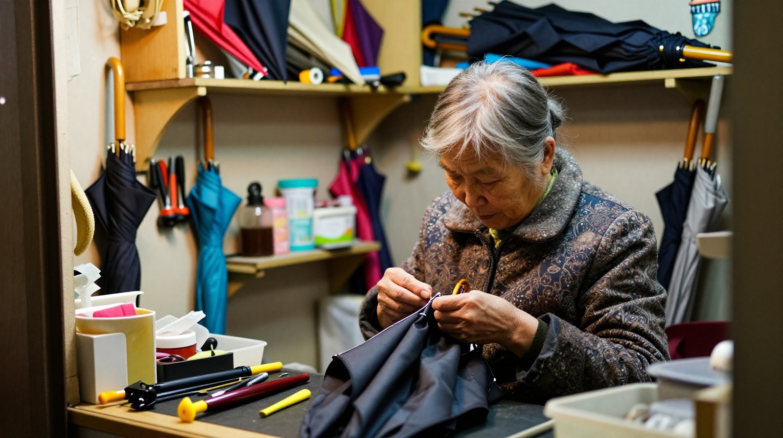 An elderly artisan repairing umbrellas inside a small, traditional shop in a Chinese old neighborhood.