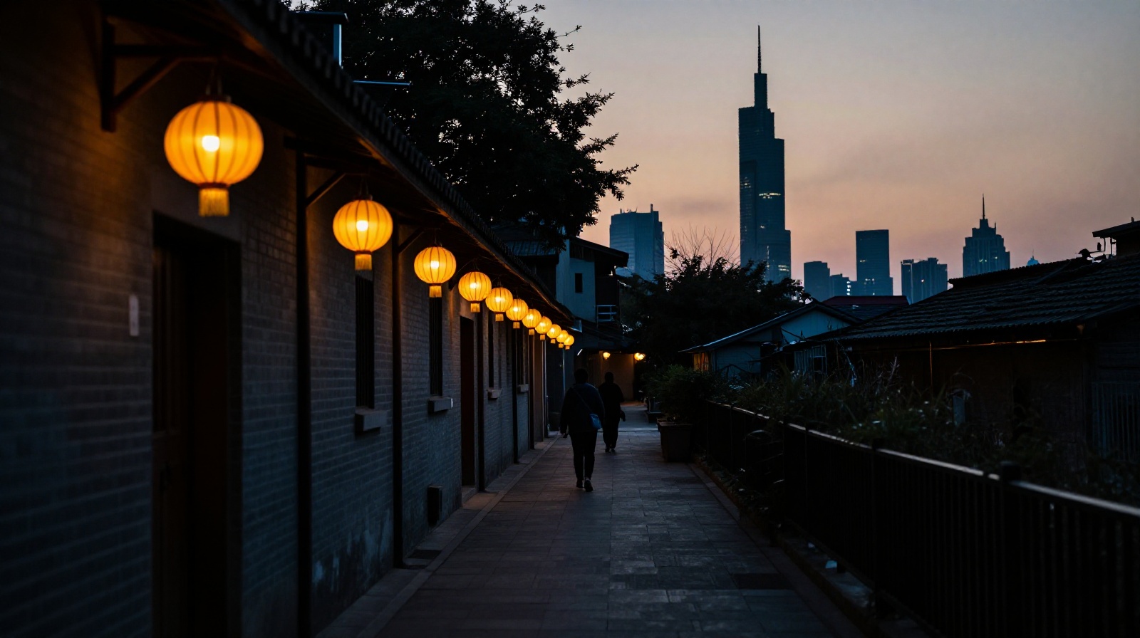 A solitary figure walking down a dimly lit Chinese alley at dusk with modern city lights in the background.