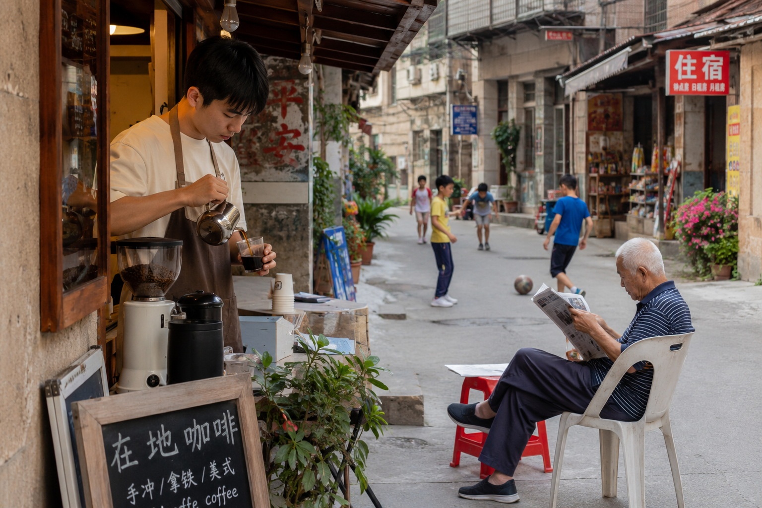 Daily life in a Chinese neighborhood showing a young barista and elderly residents sharing a public space.
