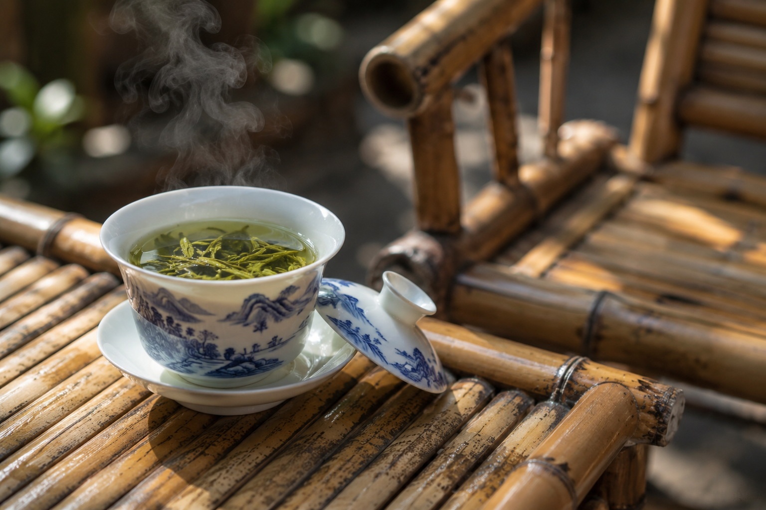 A close-up of a traditional Chinese gaiwan tea cup on a bamboo table in a Chengdu tea house, with steam rising from the green tea.