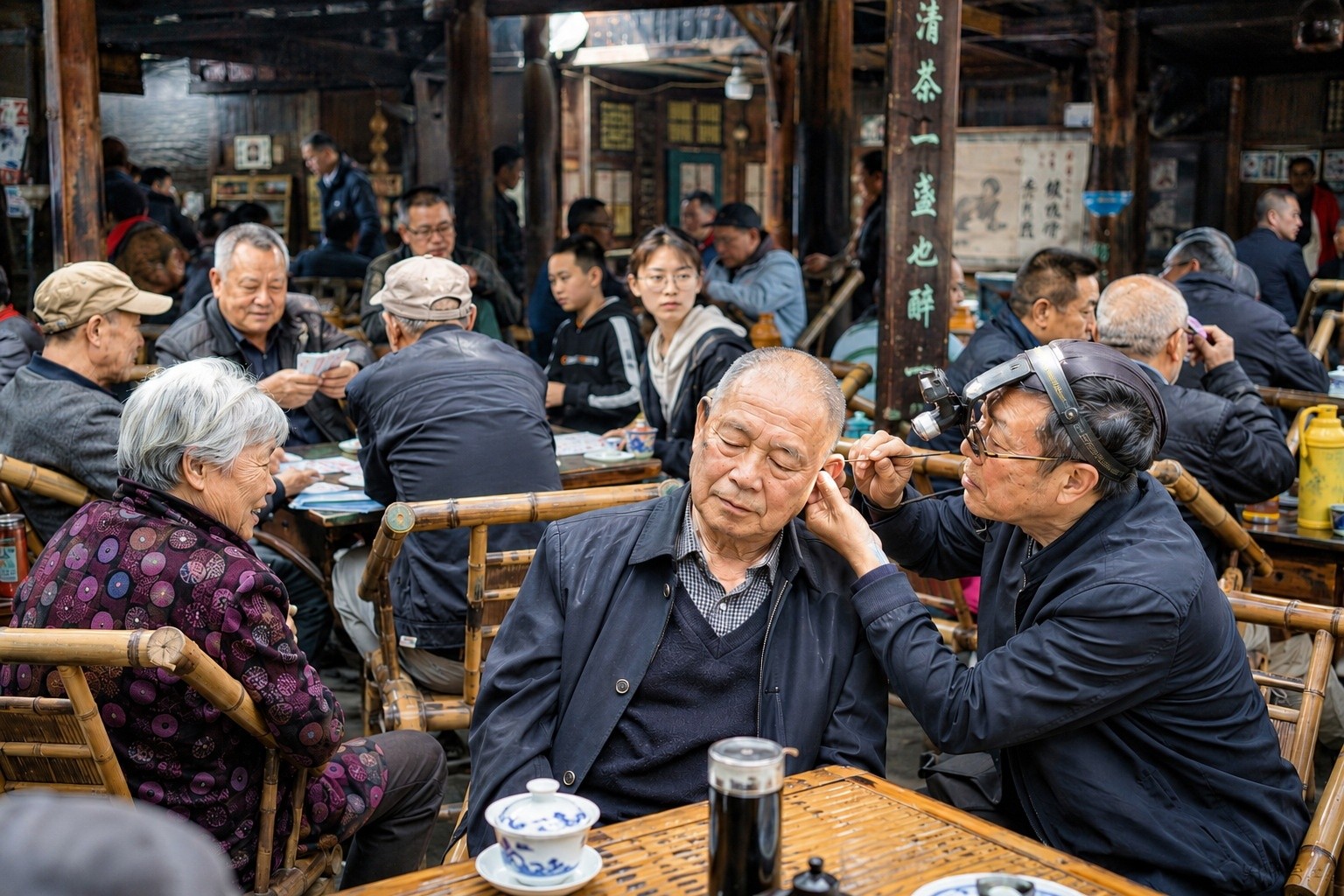 An elderly local receiving an ear cleaning service in a traditional Chengdu tea house, surrounded by other patrons drinking tea and socializing.