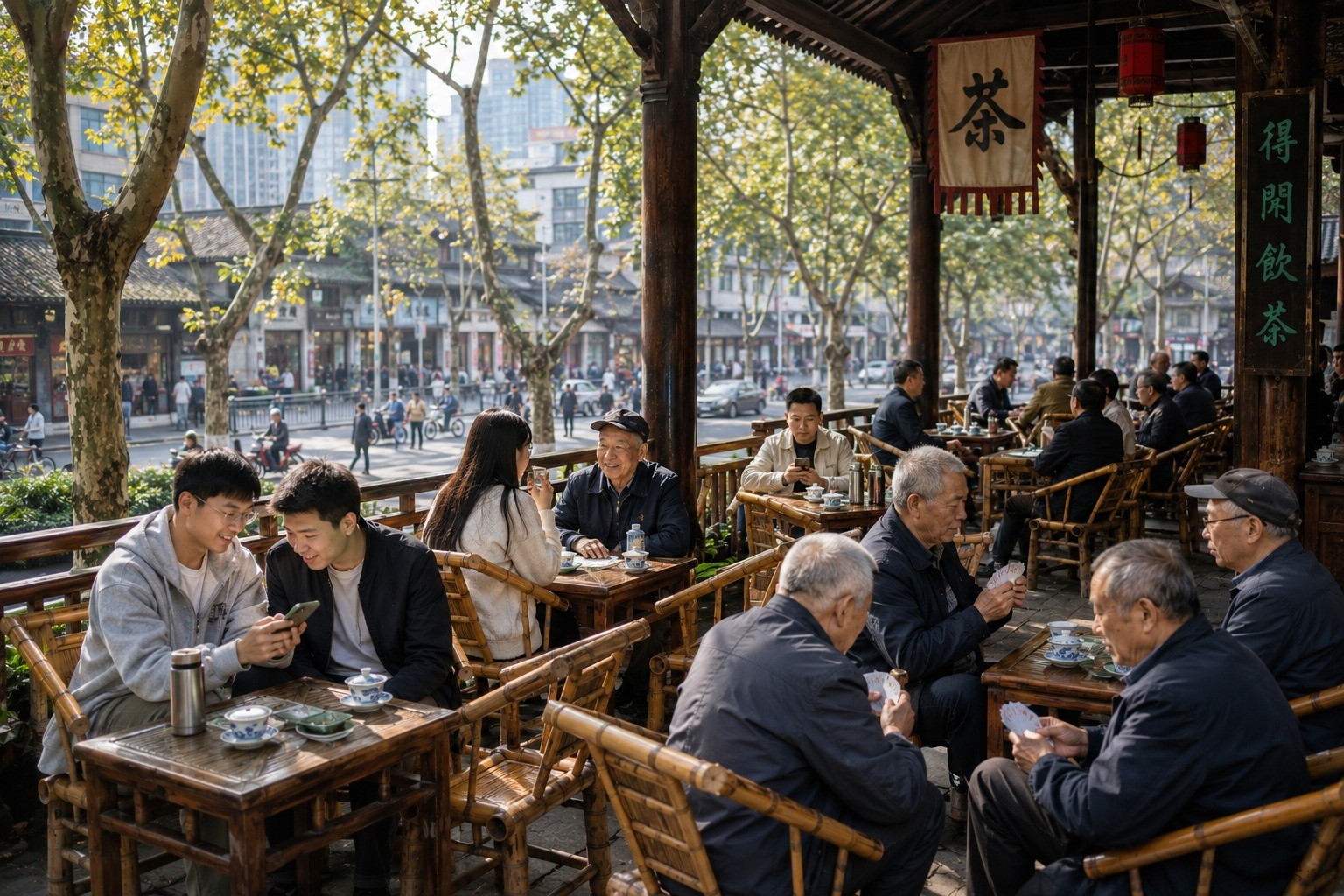A mixed group of young professionals and elderly locals sharing space in a Chengdu tea house, highlighting the blend of modern life and traditional slow living.