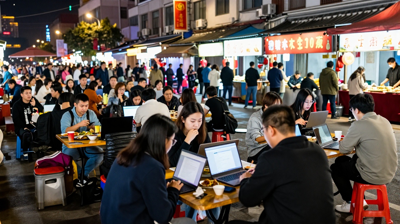 Digital nomads working at a night market in China, blending traditional food culture with modern remote work habits.