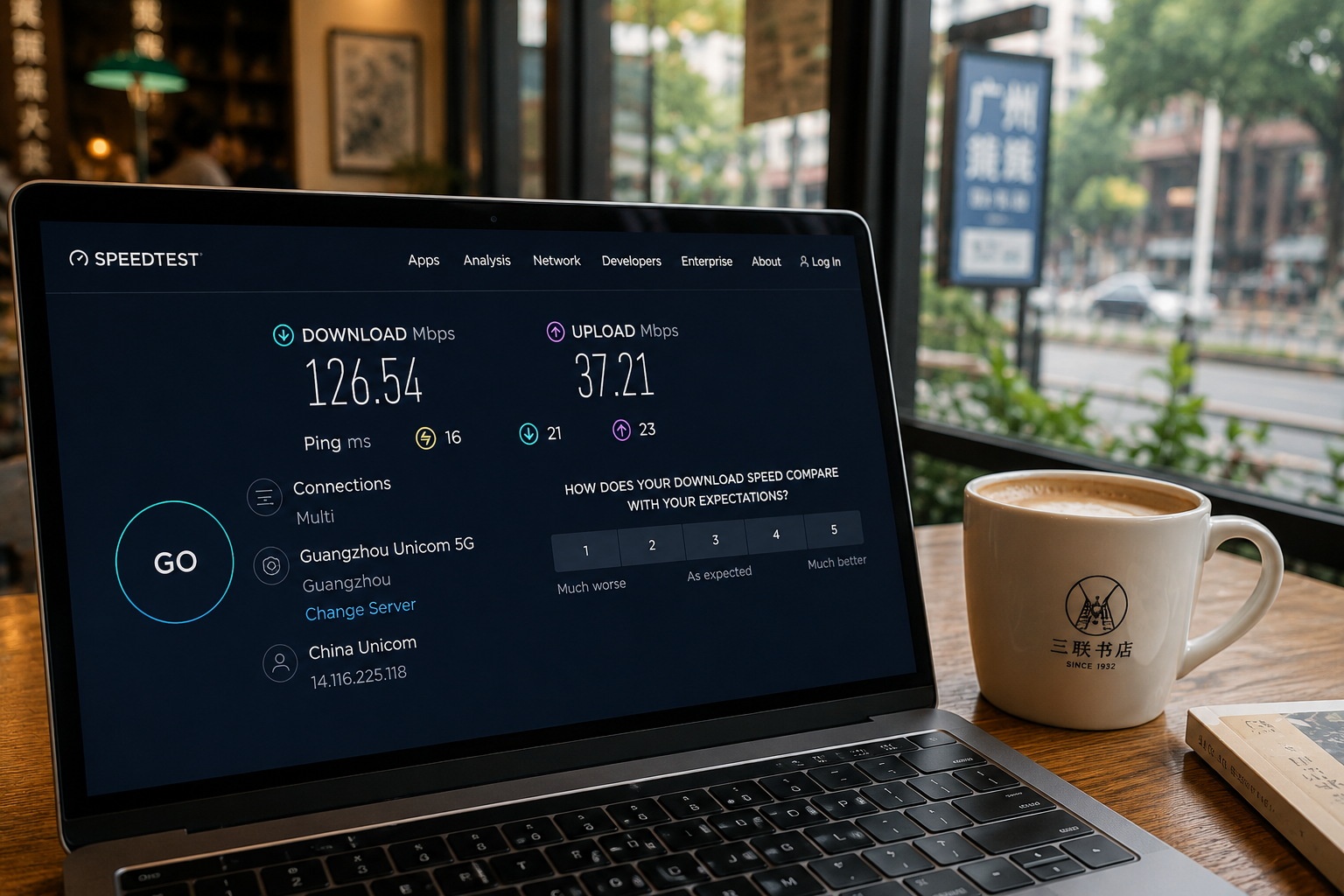 A laptop displaying high-speed internet test results on a cafe table in China, highlighting the importance of connectivity for digital nomads.