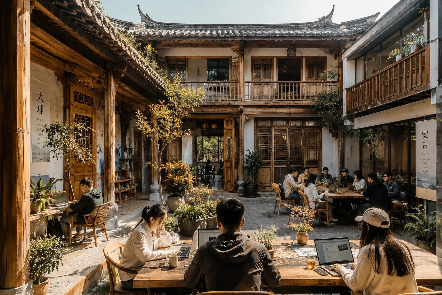 Modern co-working space inside a traditional Chinese courtyard in Dali, Yunnan, where digital nomads are working together.