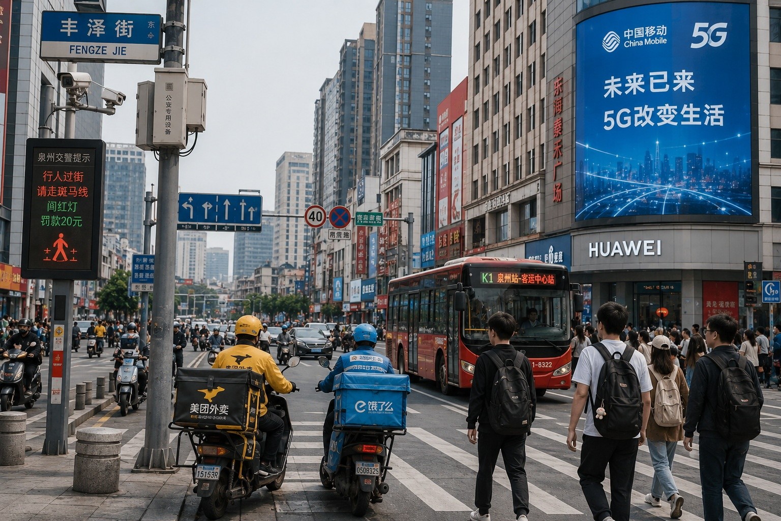 Street scene in a mid-tier Chinese city showing the blend of modern infrastructure and daily urban life suitable for remote workers.