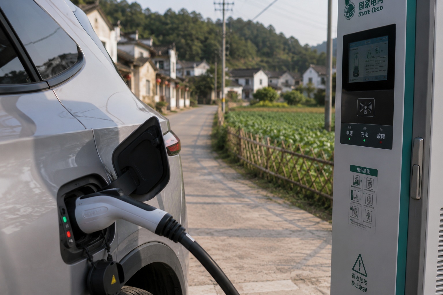 An electric vehicle charging at a rural charging station in China, highlighting infrastructure development in villages.
