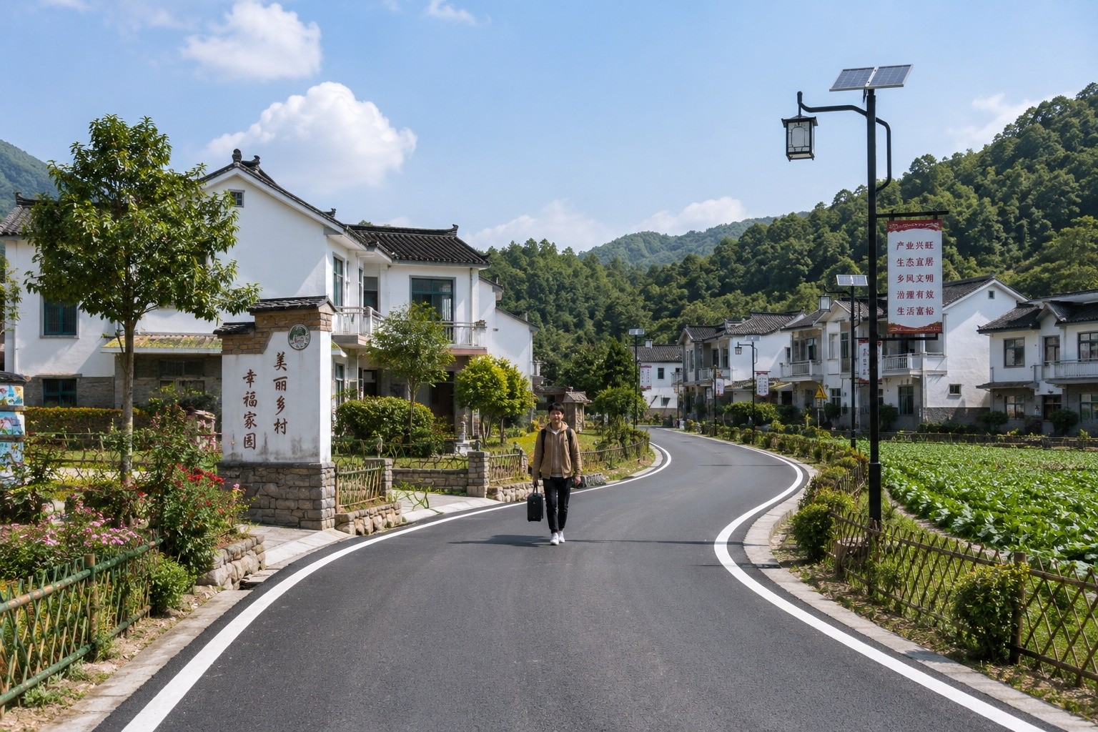 Modern roads and infrastructure in a revitalized Chinese rural village, showing the blend of tradition and development.