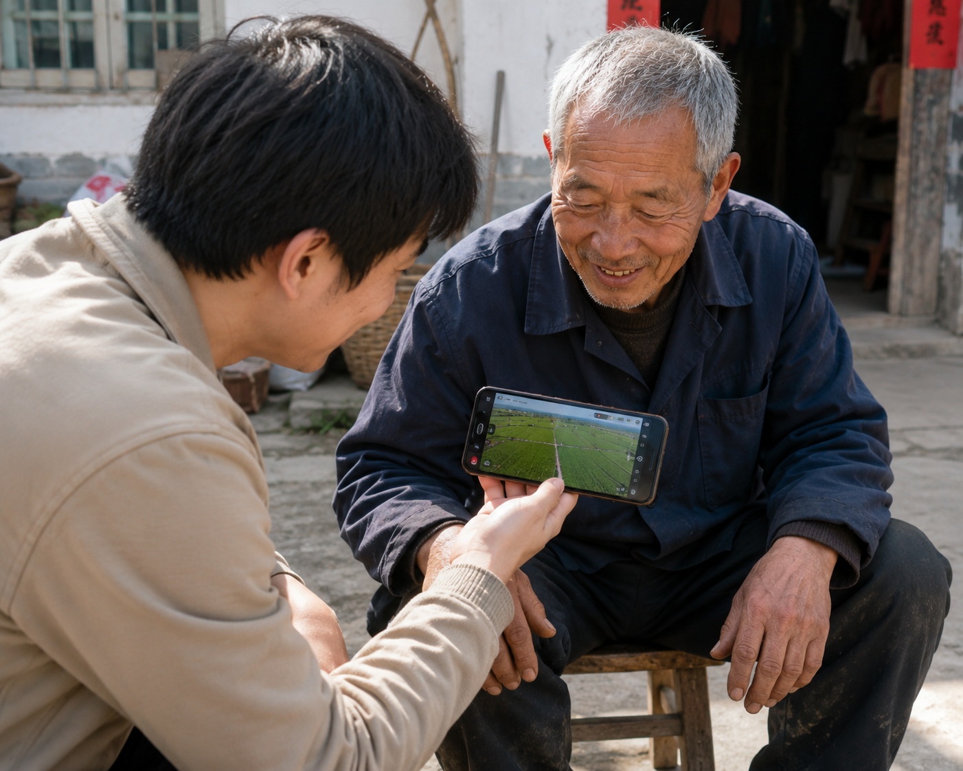 An elderly farmer and a young man looking at drone footage of farmland on a smartphone in a Chinese village.