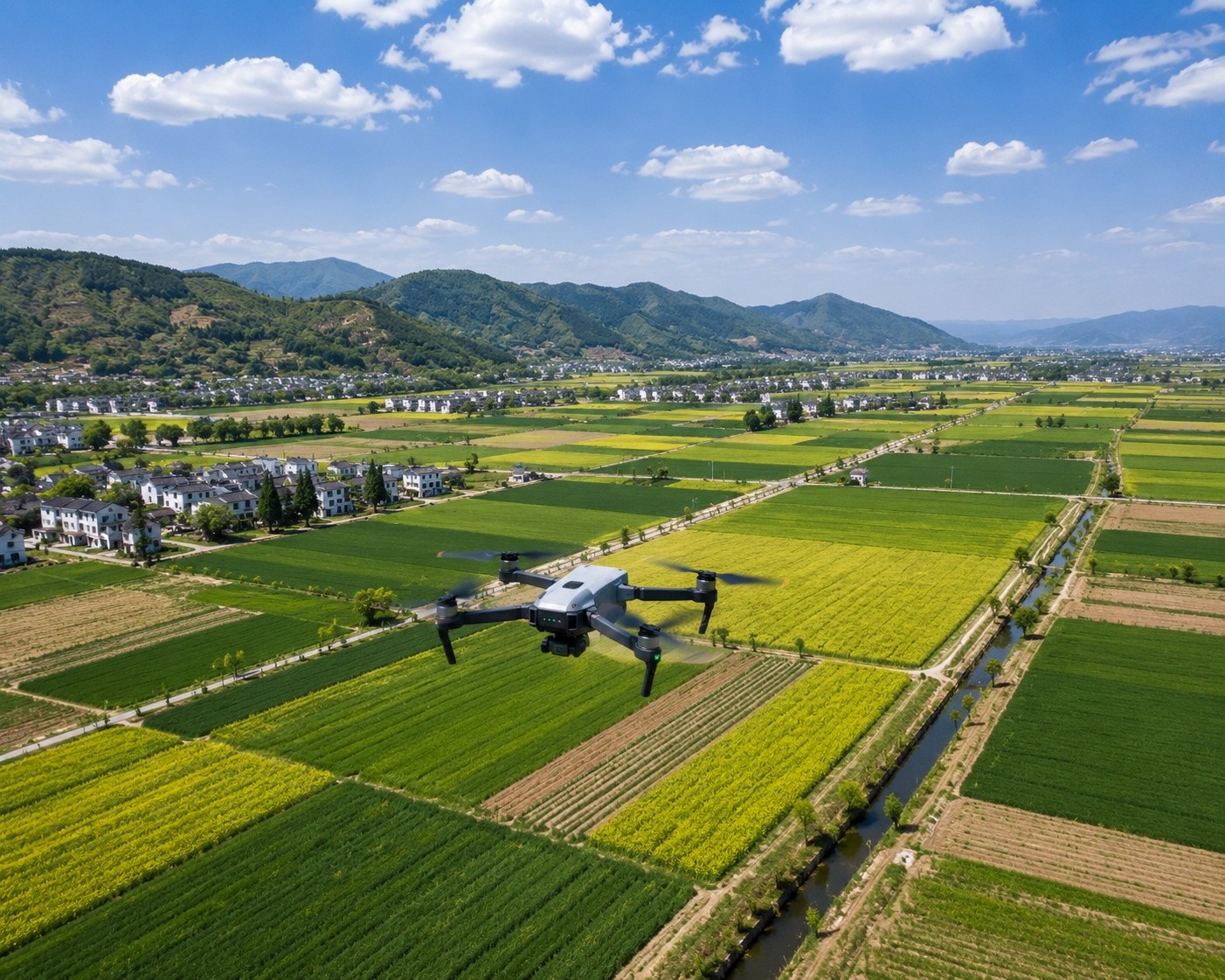 A drone flying over agricultural fields in China, illustrating the use of technology in precision farming.