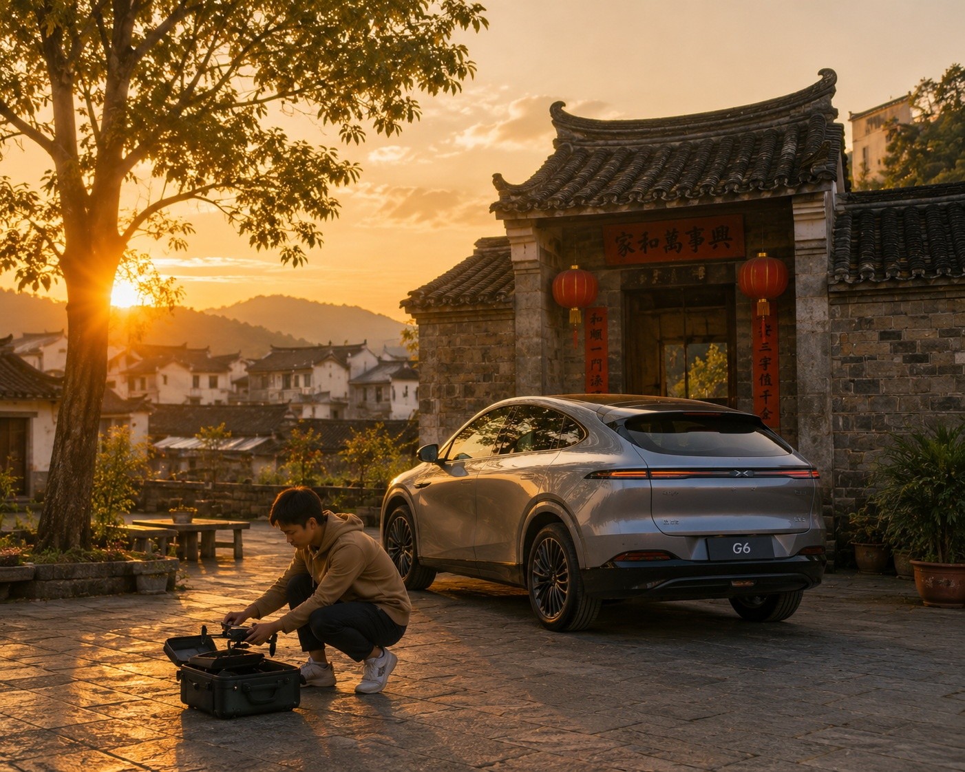Sunset in a Chinese village with an electric car and a packed drone, symbolizing the blend of tech and tradition.
