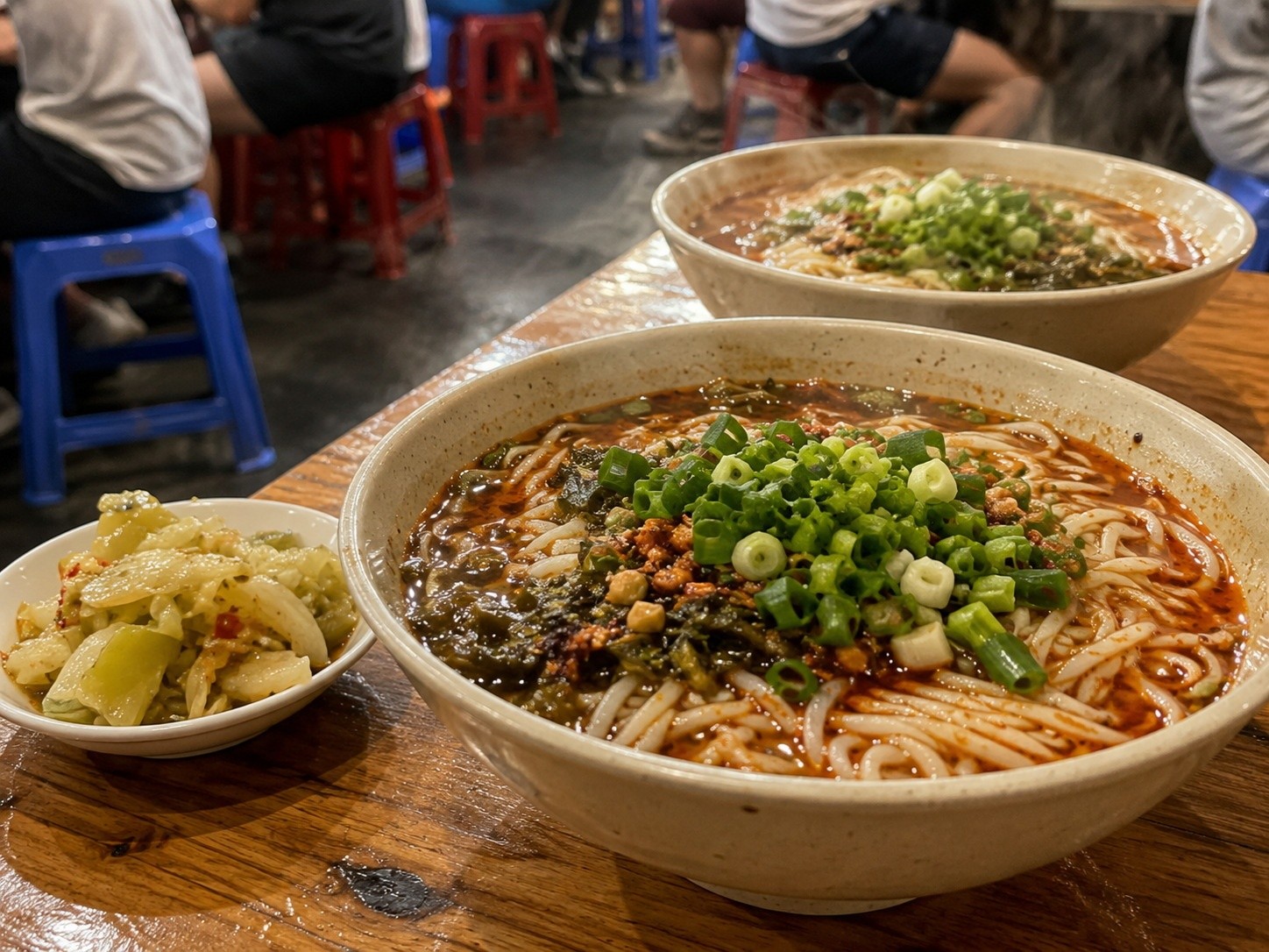Close-up of steaming spicy noodles in a rustic Chinese fly restaurant, highlighting the vibrant red oil and fresh ingredients.