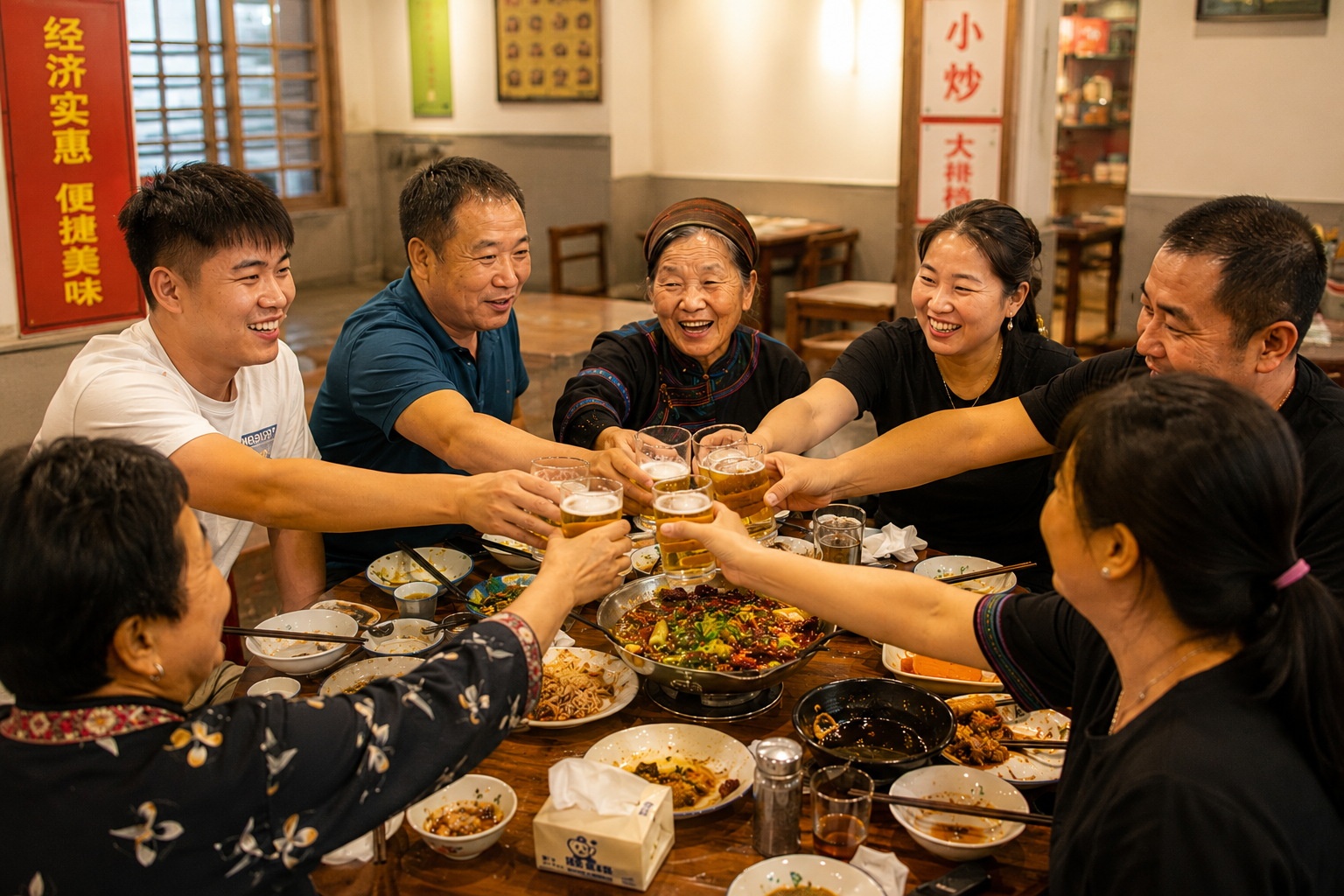 Strangers sharing a table in a bustling Chinese restaurant, laughing and drinking beer together.