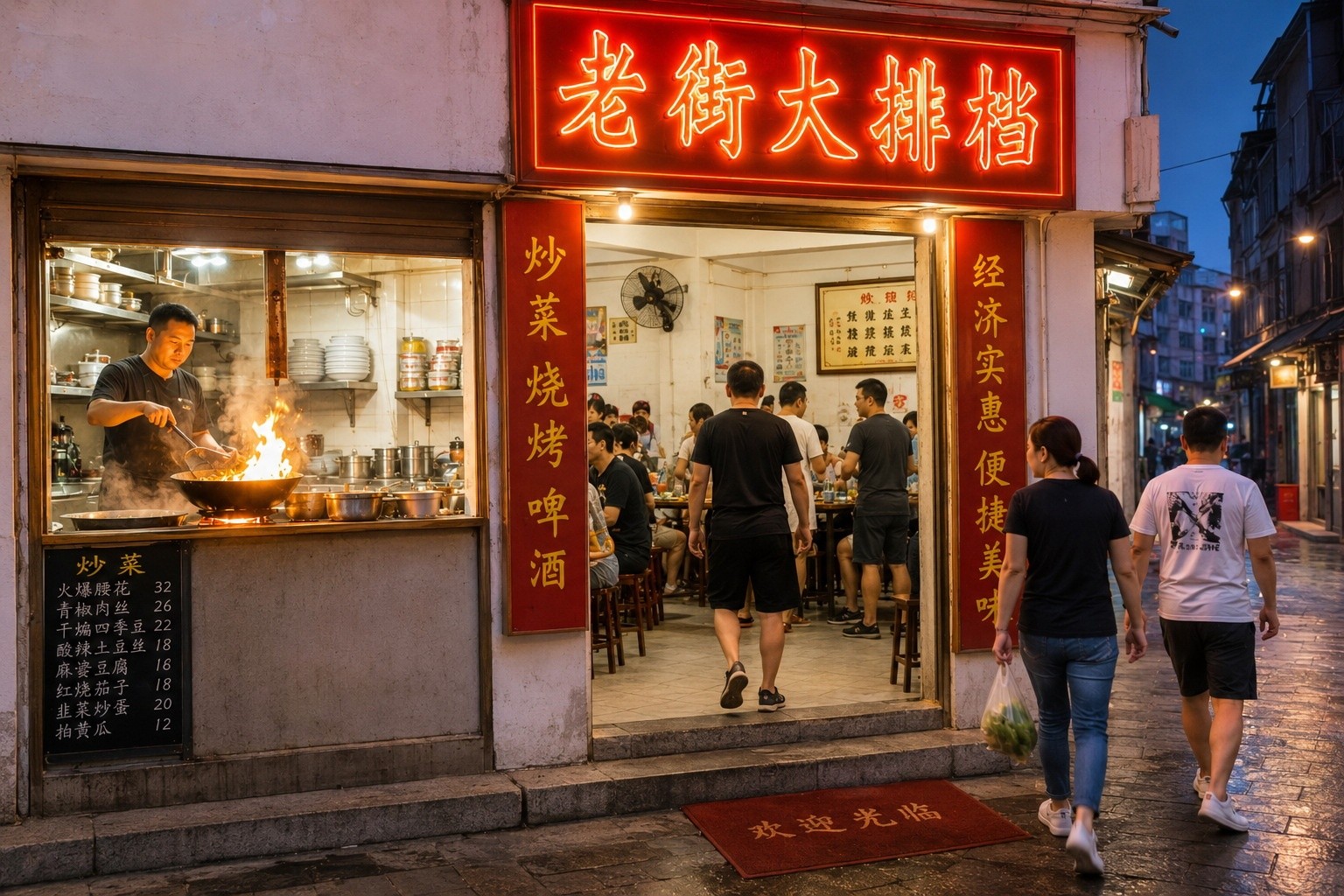 A chef actively stir-frying in a busy fly restaurant kitchen, with steam and flames visible through the window.