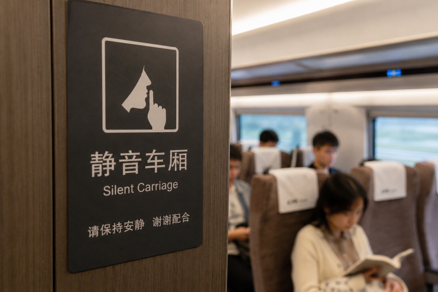 Sign indicating the Silent Carriage on a Chinese high-speed train, emphasizing quiet rules for passengers.