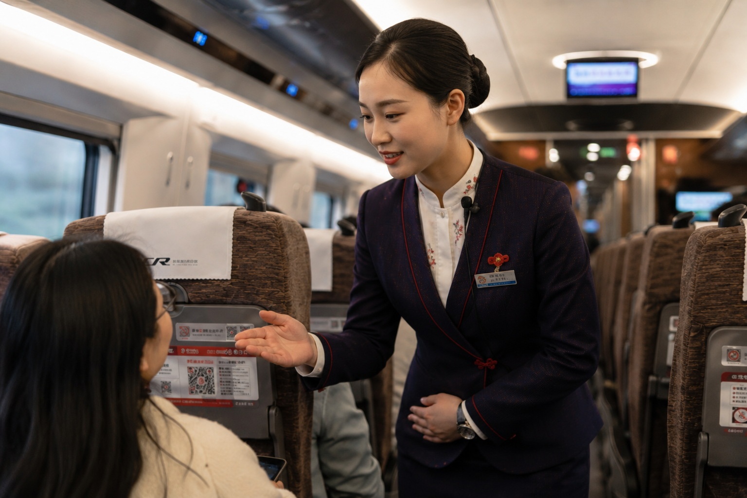 Train attendant monitoring the silent carriage to ensure passengers follow noise reduction rules.