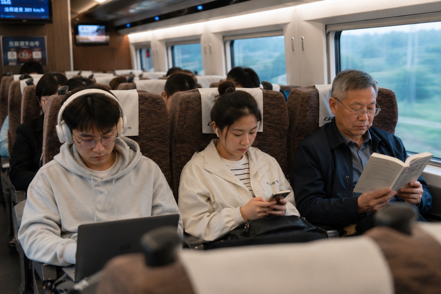 Passengers of different ages respecting silence rules in a Chinese high-speed train carriage.