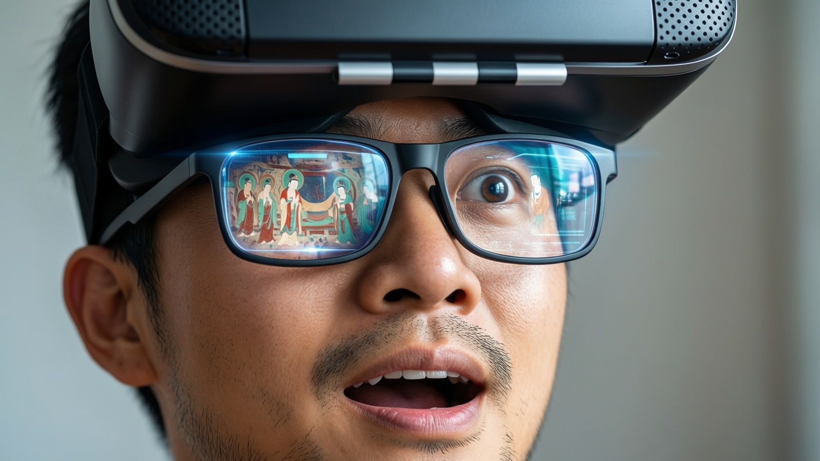 A tourist experiencing virtual reality at a museum, with digital overlays of ancient art visible in the VR headset lenses.