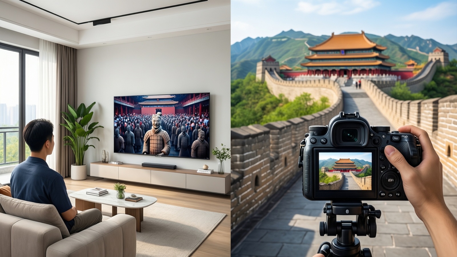 A split image showing a home viewer watching a live-streamed tour of a Chinese landmark, illustrating the connection between virtual and physical tourism.