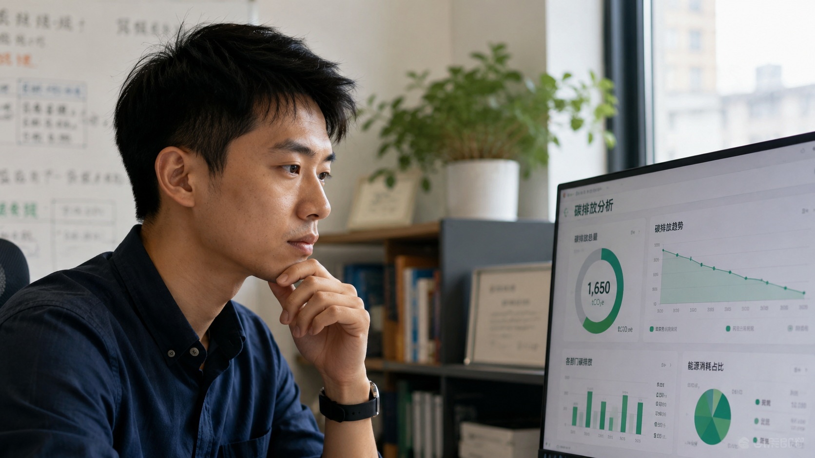 A young Chinese tech founder reviewing sustainability data on a laptop screen in a modern office.