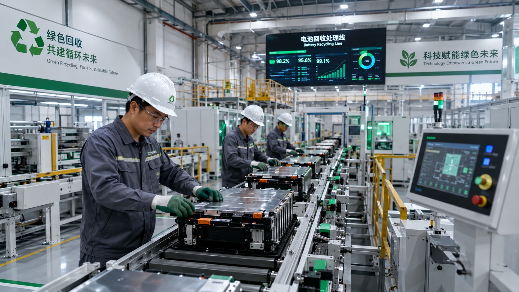 Automated recycling process for electric vehicle batteries in a Chinese high-tech factory.