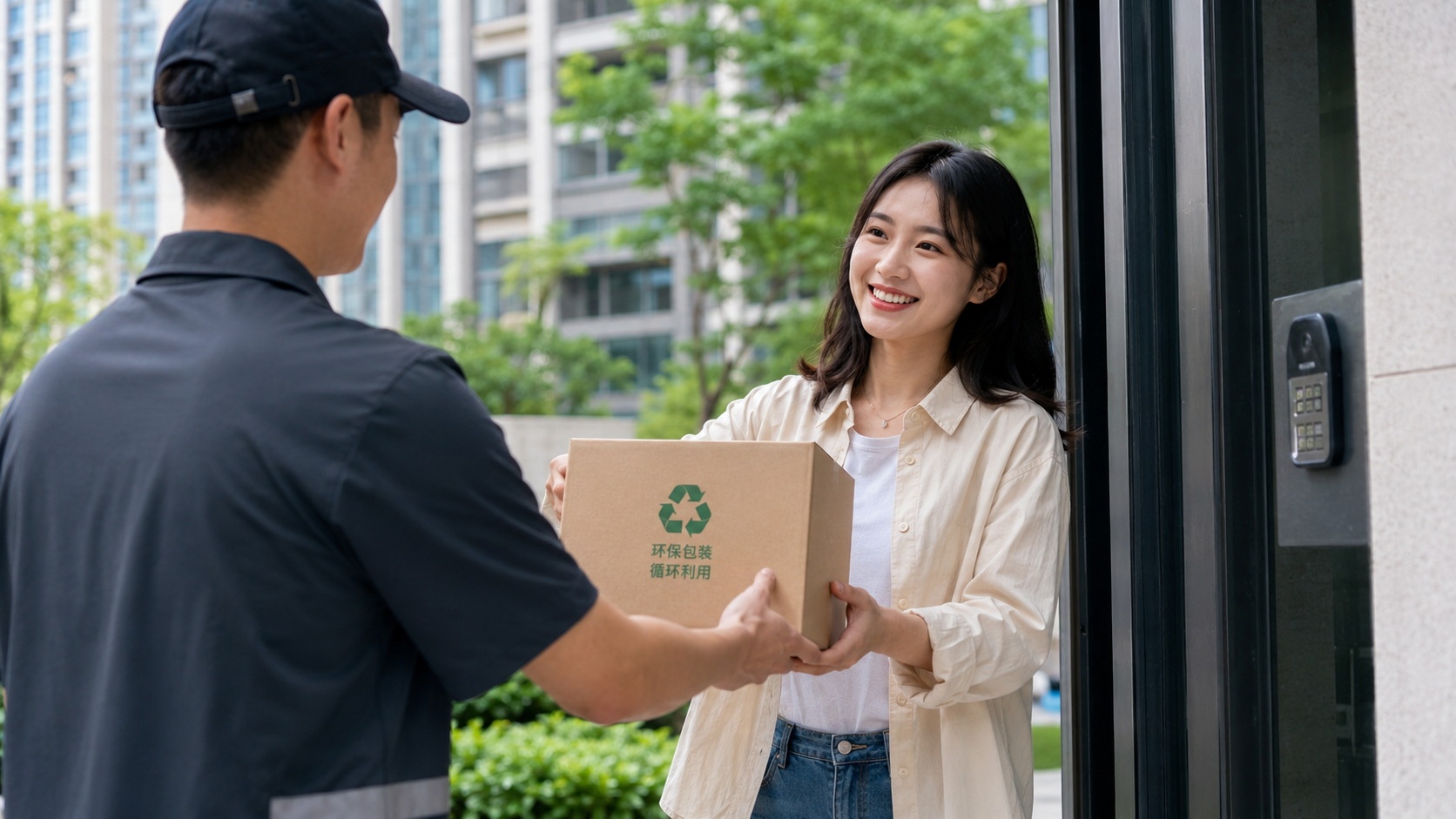 A young consumer appreciating eco-friendly, plastic-free packaging from a Chinese online delivery.