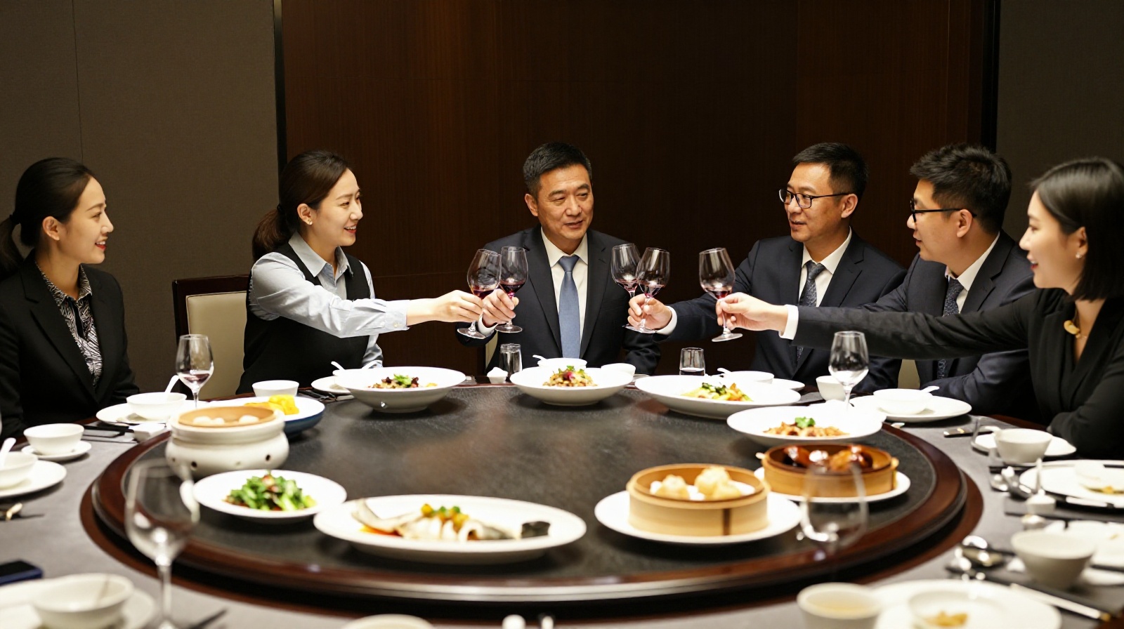 Chinese business executives networking over dinner at a private restaurant, symbolizing the importance of personal relationships in Chinese commerce.