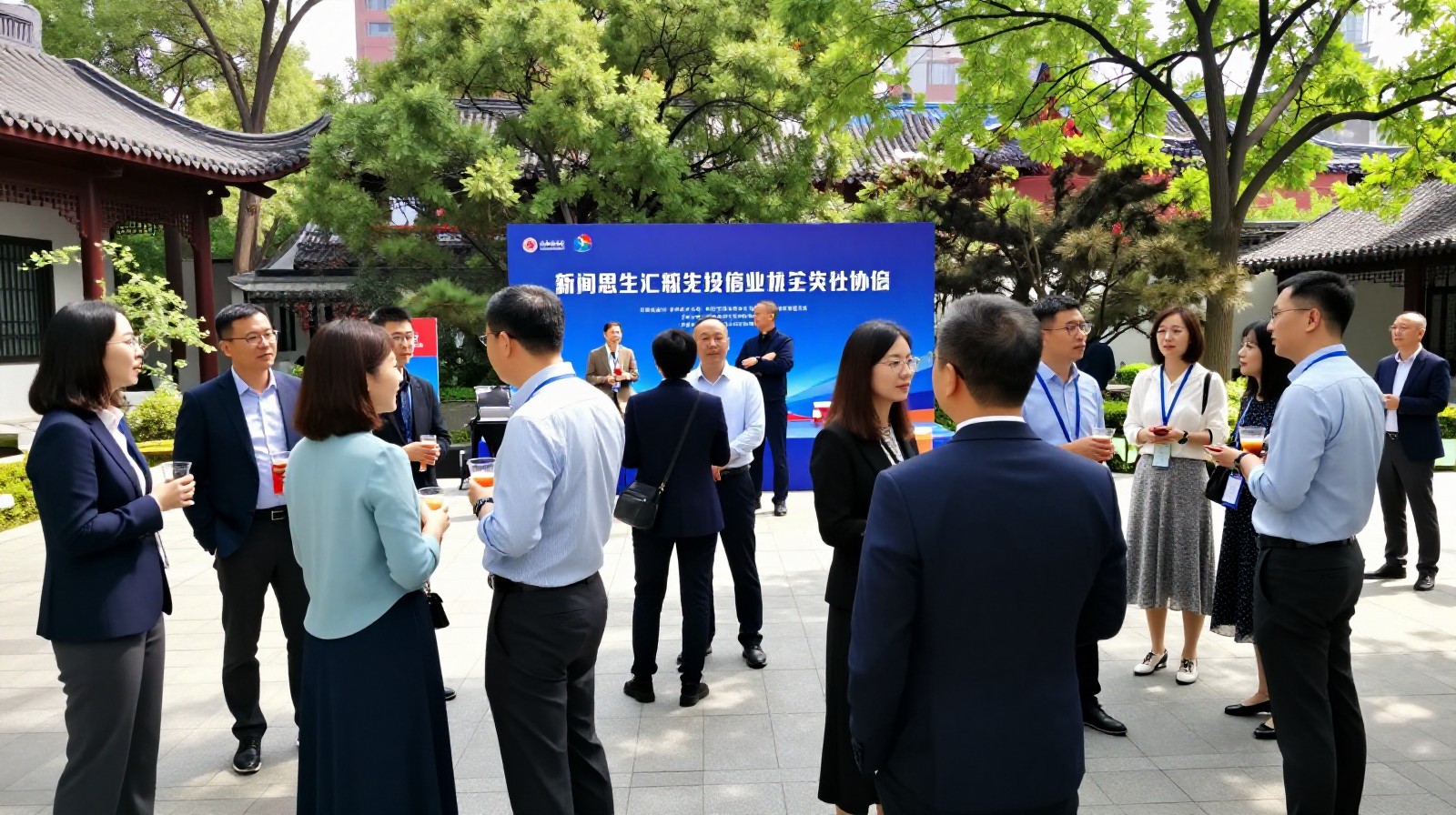 Alumni association members networking at an outdoor forum event in China, highlighting the structured yet social nature of business communities.