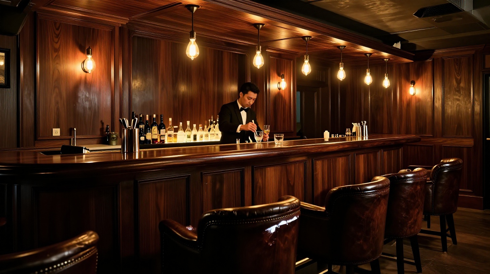 Interior of a hidden speakeasy bar in Beijing featuring dark wood decor and warm lighting