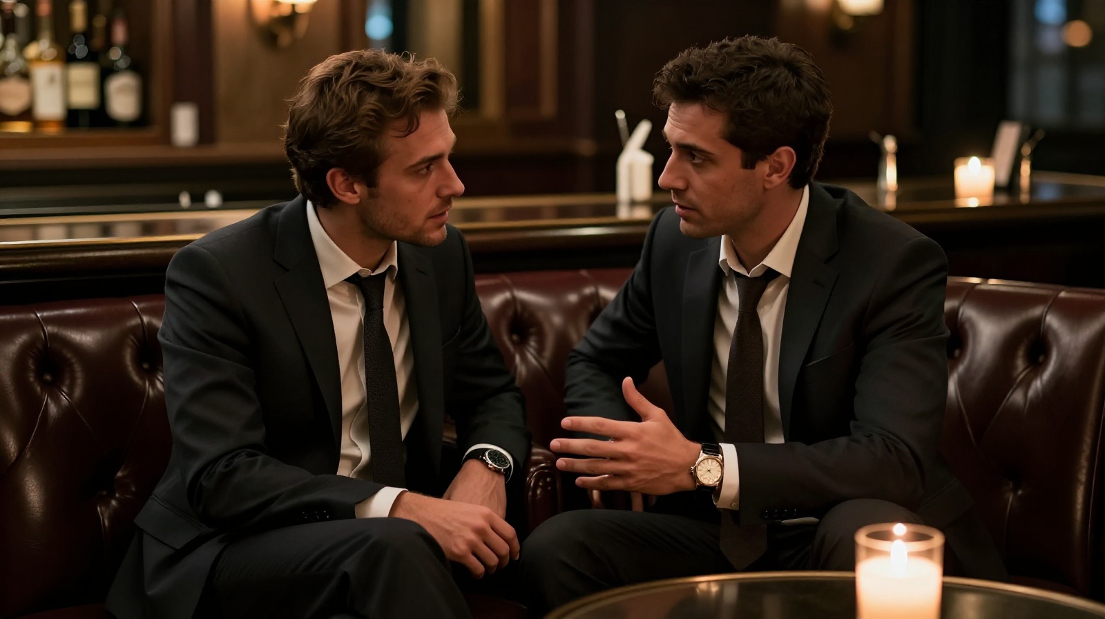 Businessmen having a confidential discussion in a quiet Beijing speakeasy